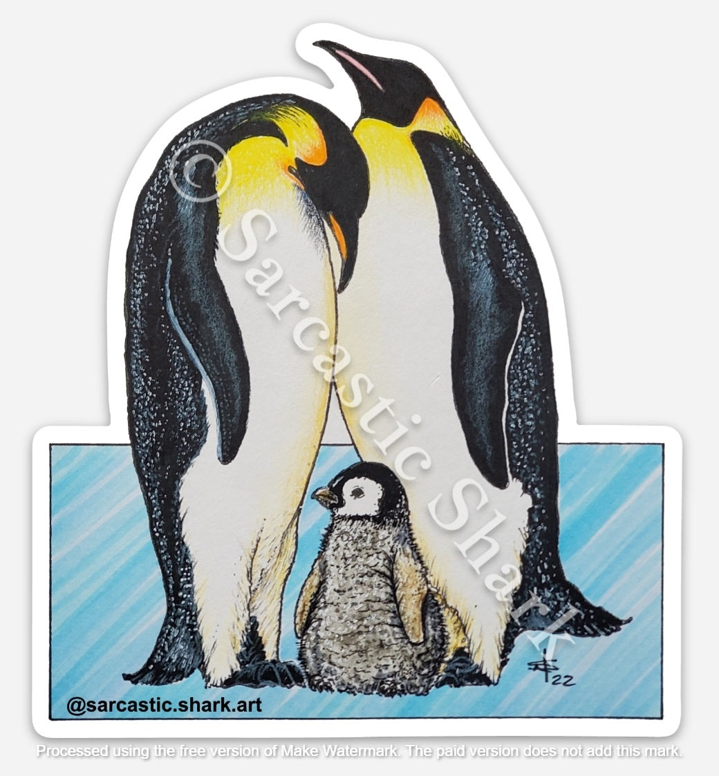 Illustrated color sticker of Emperor Penguin family standing in front of an icy blue graphic background