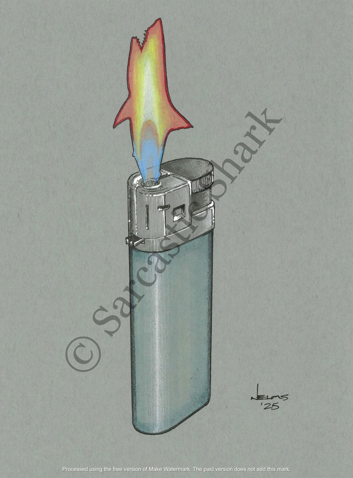 Lighter with colorful shark-shaped flame on a gray background