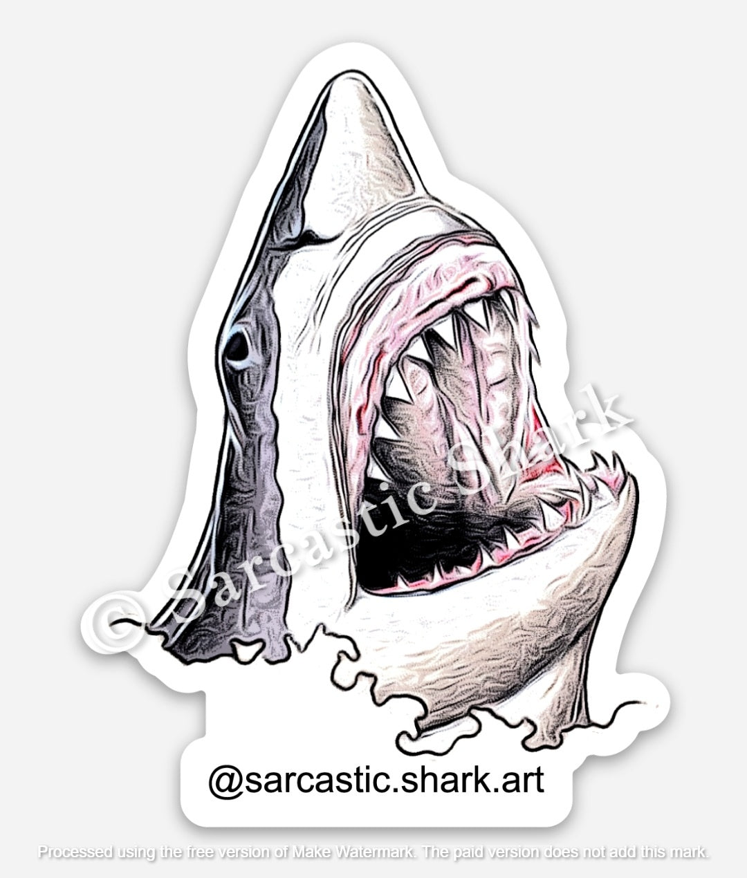 Illustrated color sticker of Great White Shark (Carcharadon carcharias) coming out of water with jaws open