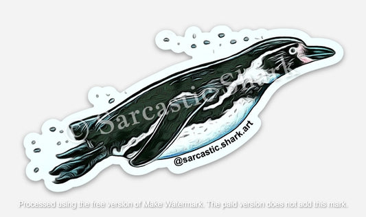  Illustrated color sticker of an African Penguin swimming through water blowing bubbles