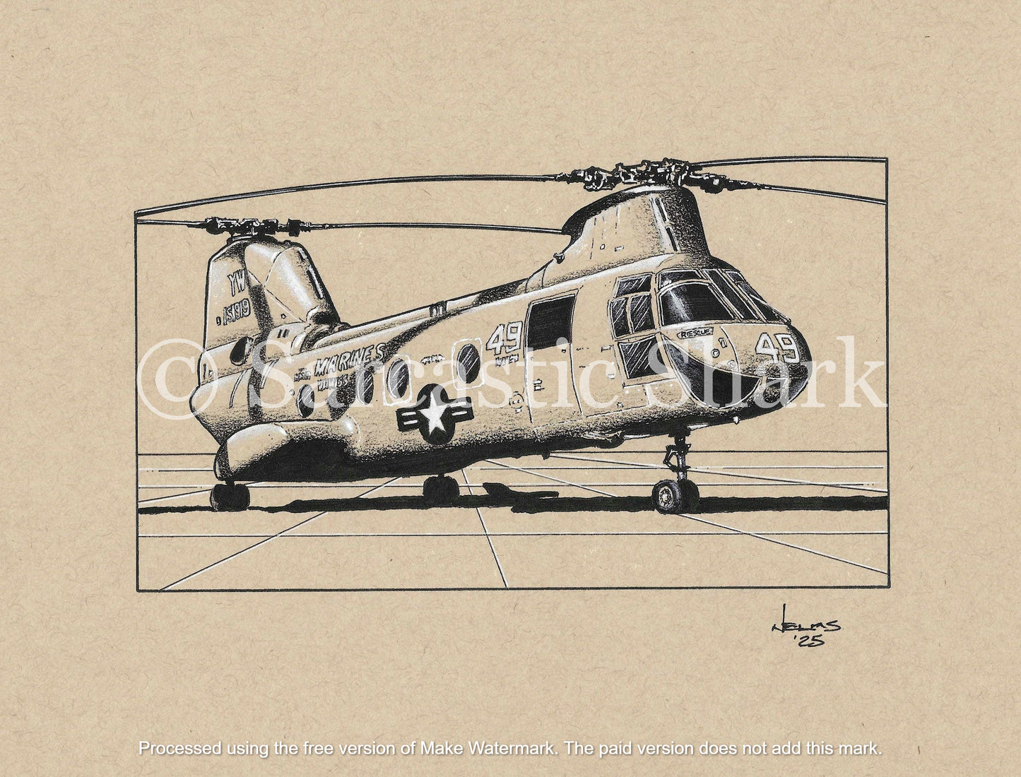 Black and white drawing of a CH-46 Sea Knight military helicopter on a beige background