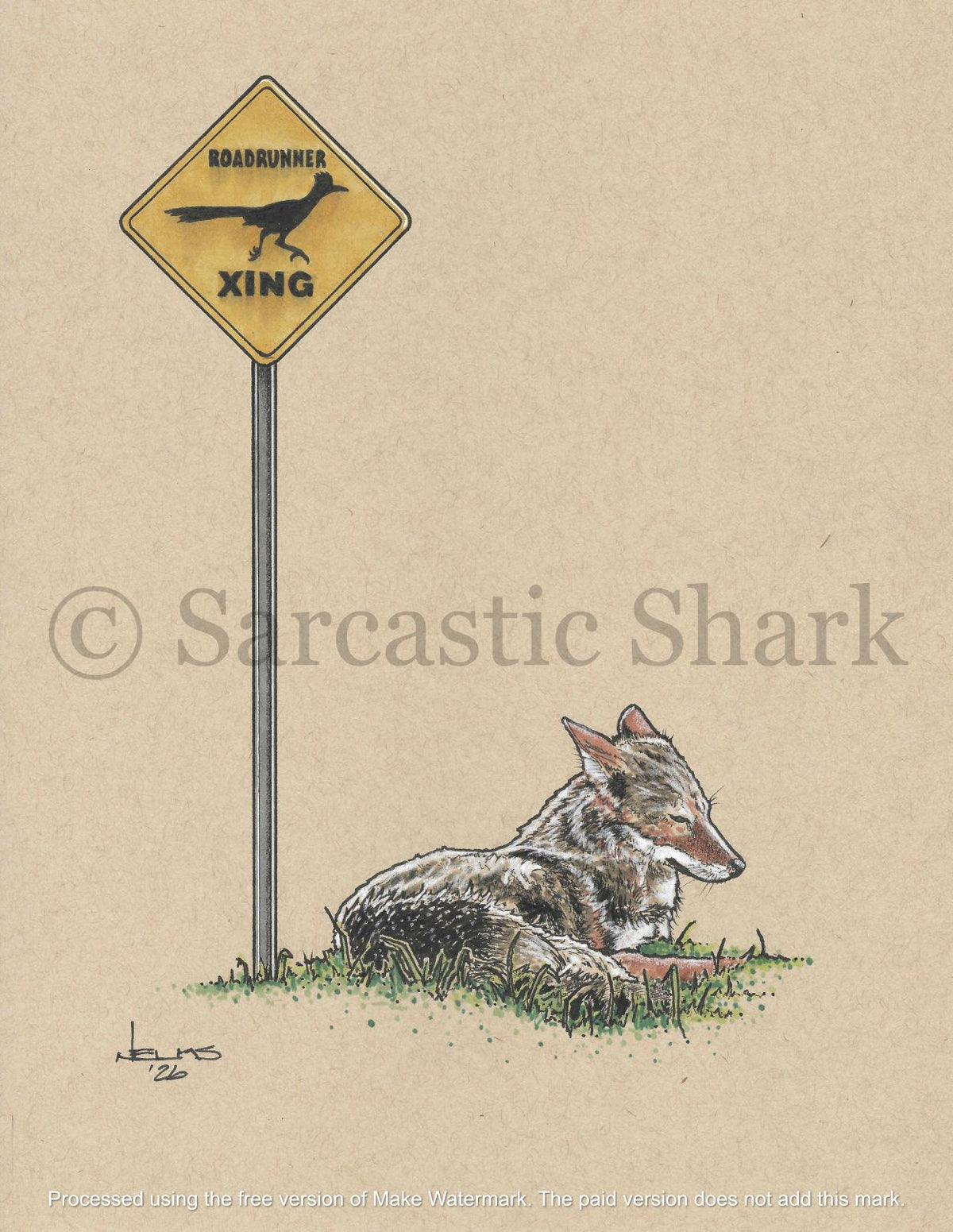 Prismacolor pencil and marker illustration of a coyote curled up and resting at the base of a "Roadrunner Crossing" sign on Strathmore tan paper.