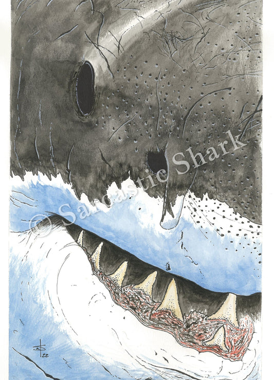 Great White Shark closeup watercolor illustration