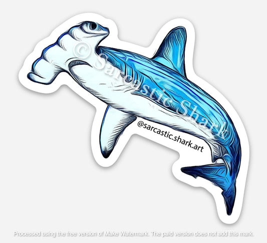 Illustrated color sticker of Hammerhead Shark with graphic blue coloring