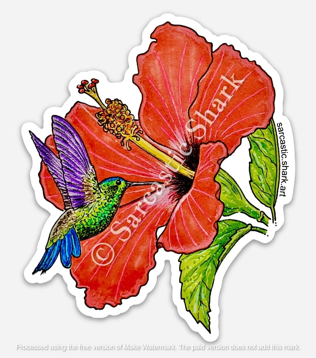 Illustrated color sticker of a Hummingbird gathering nectar from a red Hibiscus