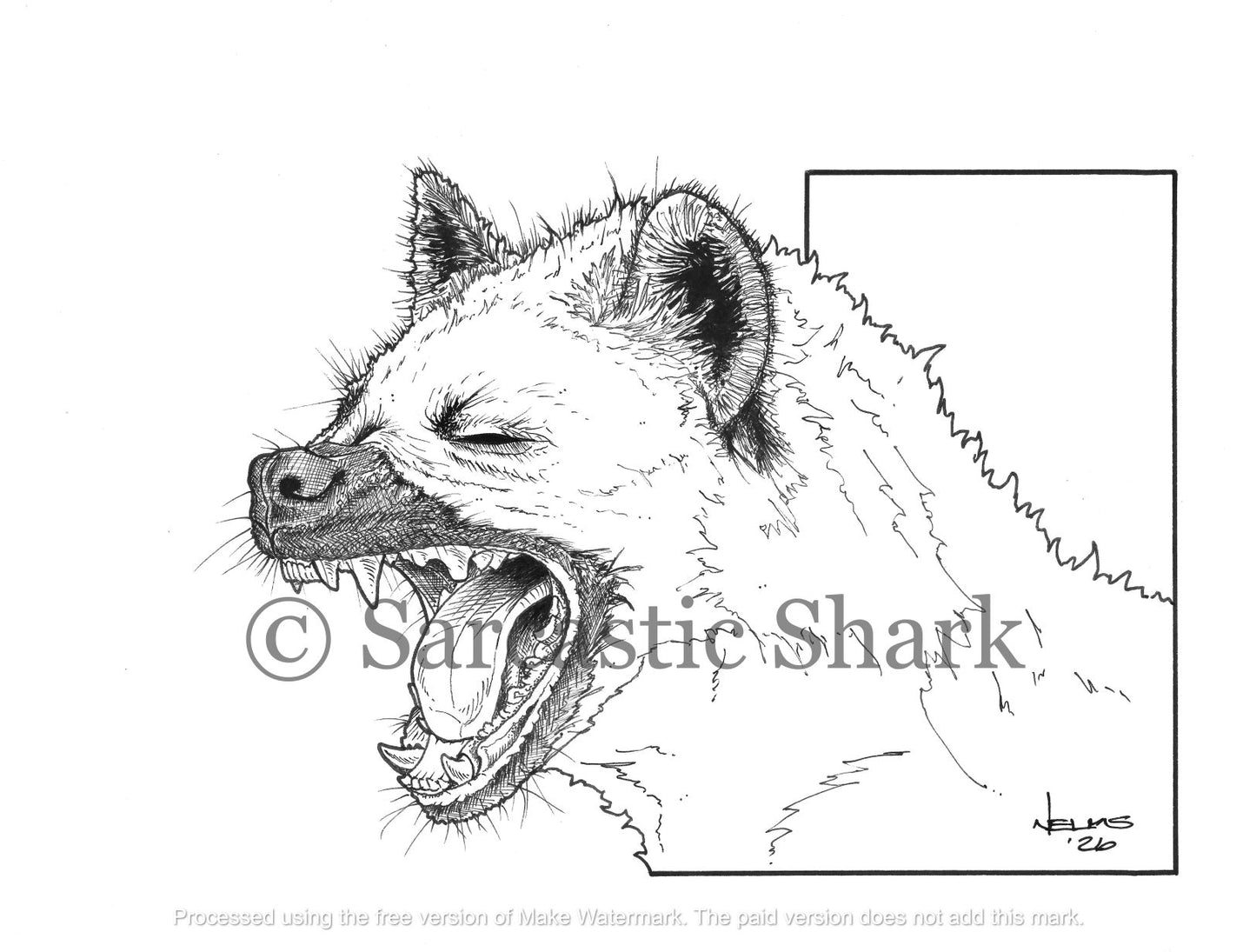 Black and white illustration of a laughing hyena.