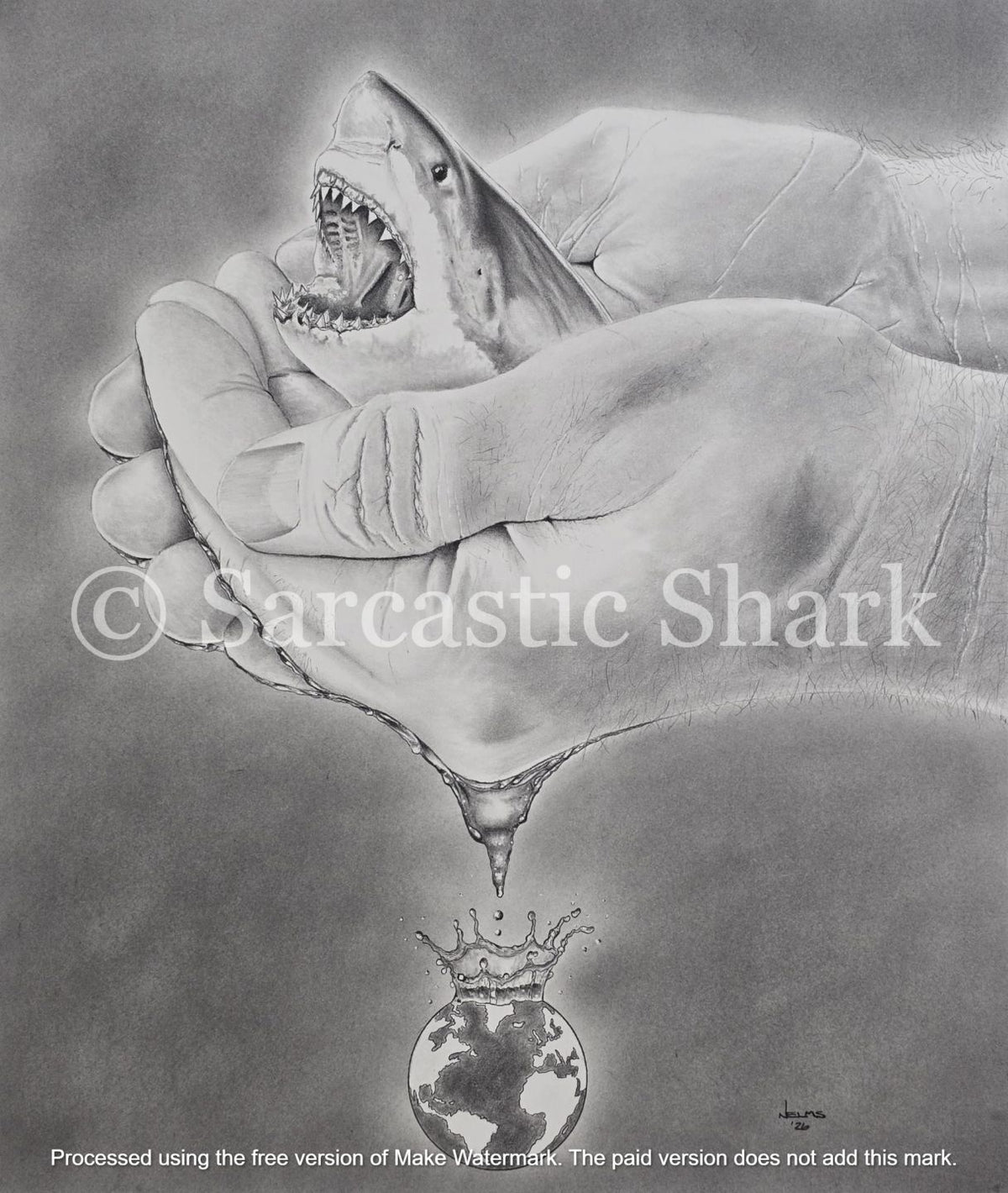 A monochrome pencil-style artwork showing a Great White shark with an open jaws arising from cupped human hands, with water droplets falling from the hand and splashing onto Earth below.