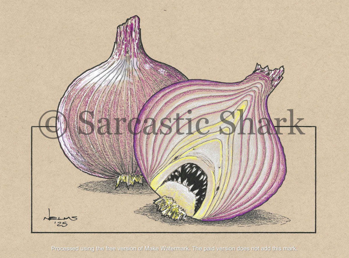 Surrealism Prismacolor pencil and marker illustration of a shark in the layers of an onion on Strathmore tan paper.