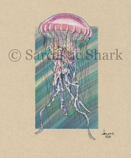 Colorful jellyfish illustration on a beige background