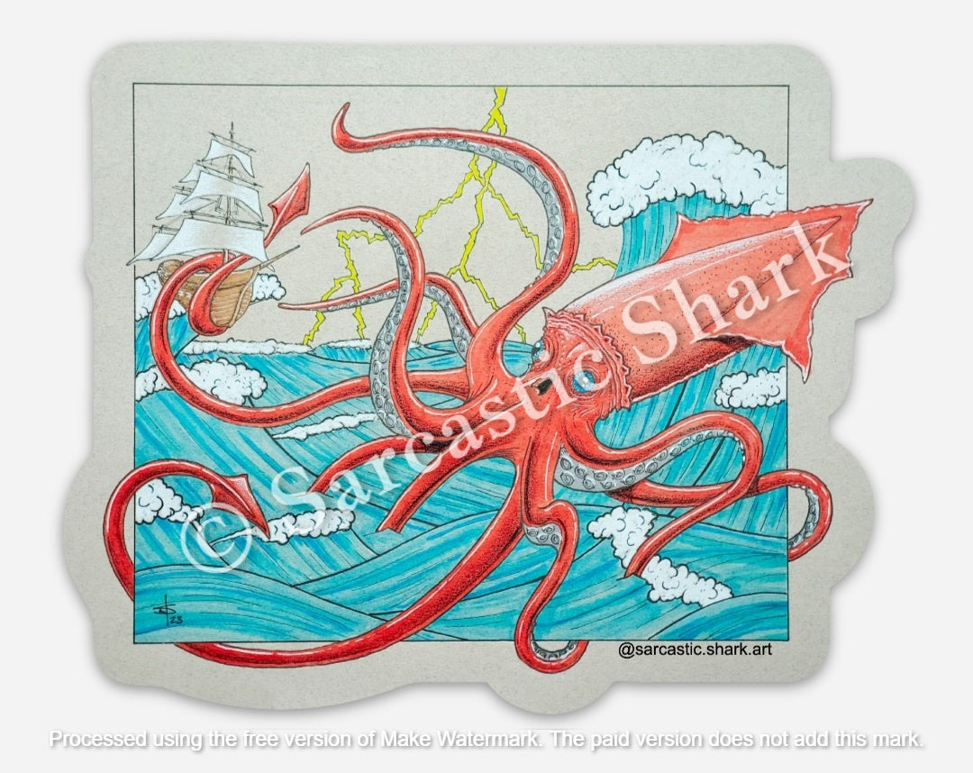 Illustrated color sticker of a Kraken capturing a ship in a stormy sea with lightning in the background