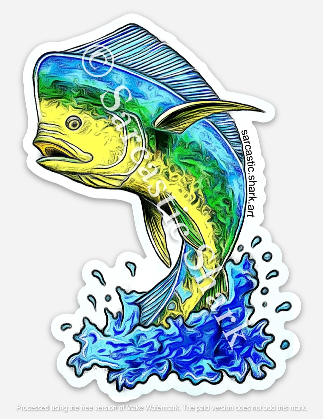 Illustrated color sticker of a Mahi Mahi fish jumping out of the water