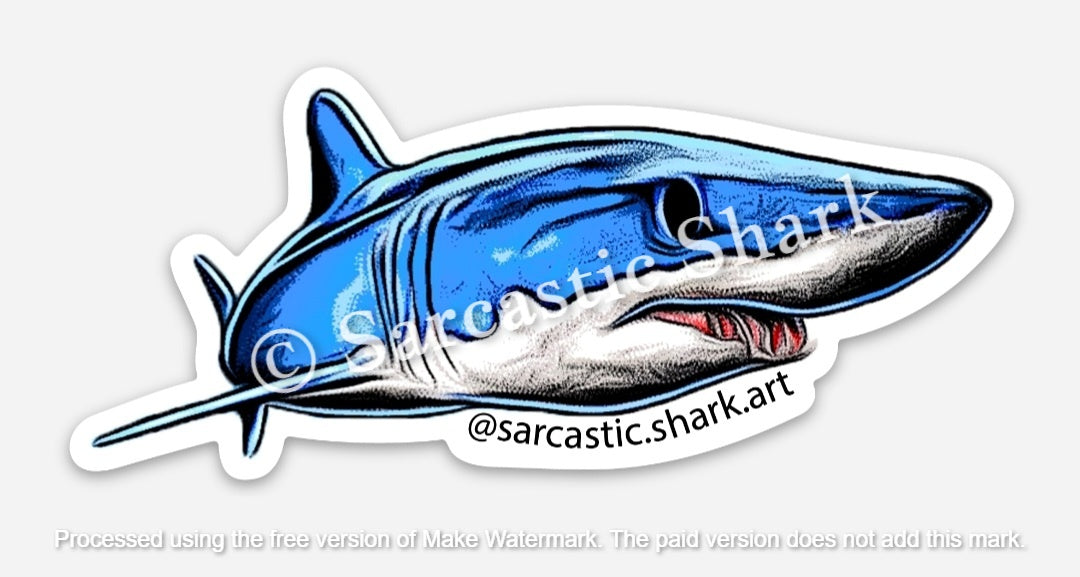 Illustrated color sticker of a Mako Shark swimming in forced perspective like he is coming at you