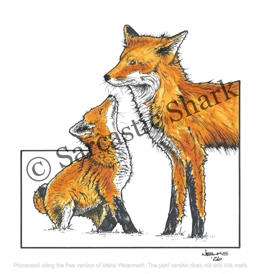 Illustration of a mother fox and her kit.