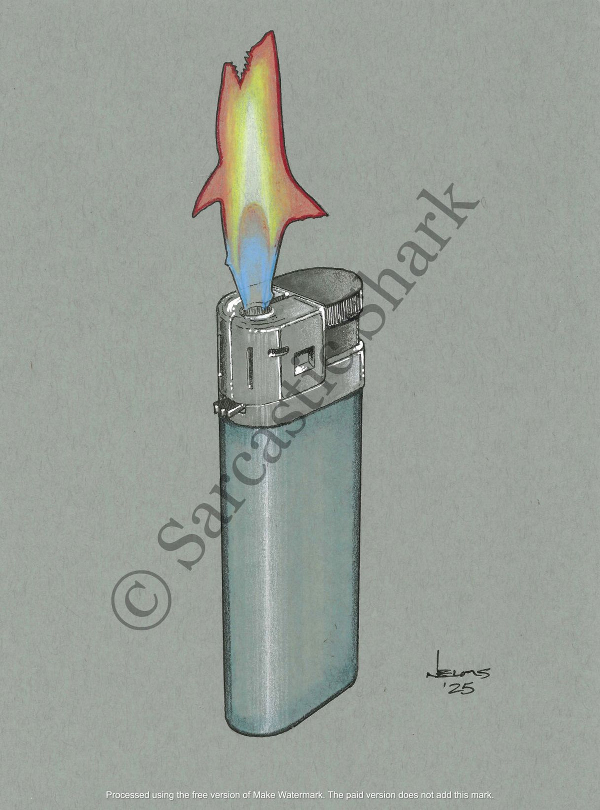 Shark Flame Lighter Original Artwork. Prismacolor pencil and marker illustration of a disposable lighter with the flame in the shape of a shark on Strathmore blue paper.