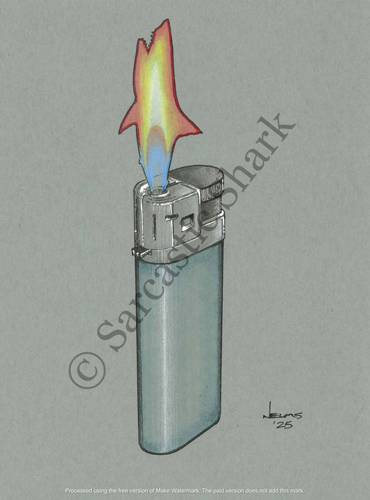 Shark Flame Lighter Original Artwork. Prismacolor pencil and marker illustration of a disposable lighter with the flame in the shape of a shark on Strathmore blue paper.