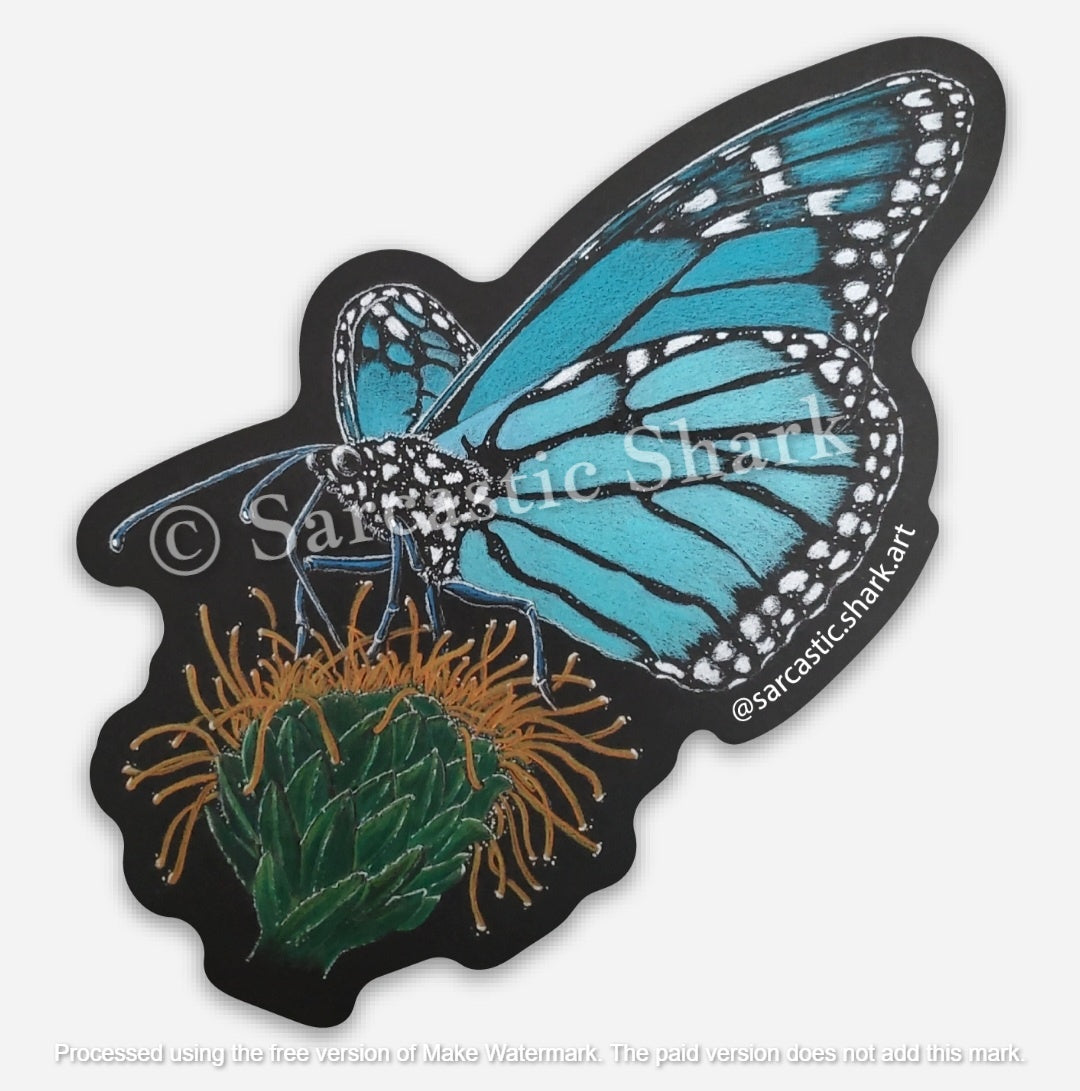 Illustrated color sticker of a turquoise butterfly resting on a plant with black background