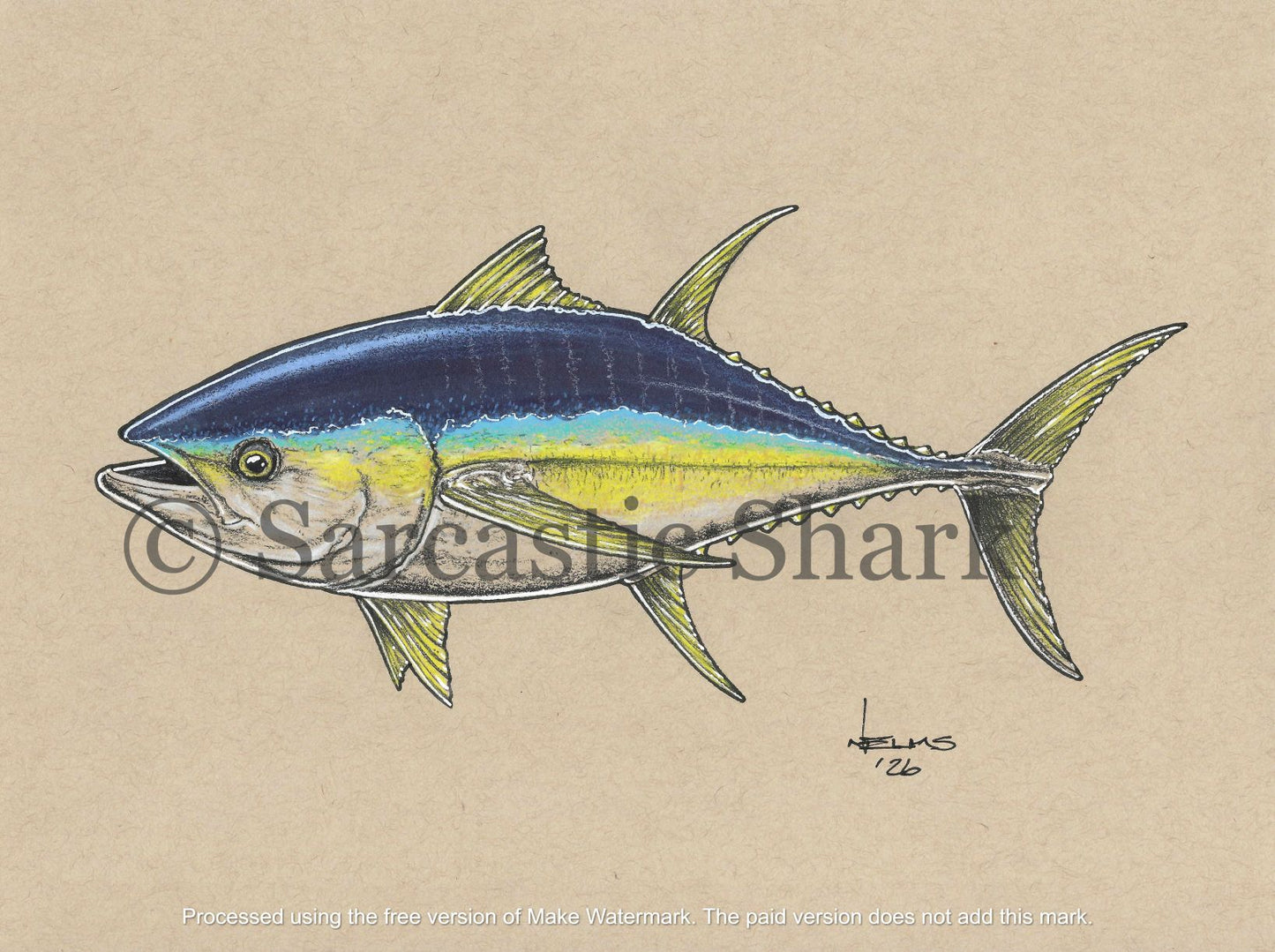Illustration of a yellowfin tuna on a beige background