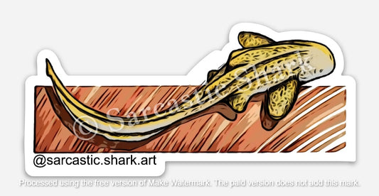 Illustrated color sticker of a Zebra Shark (a.k.a. Leopard Shark) swimming in front of orange graphic background